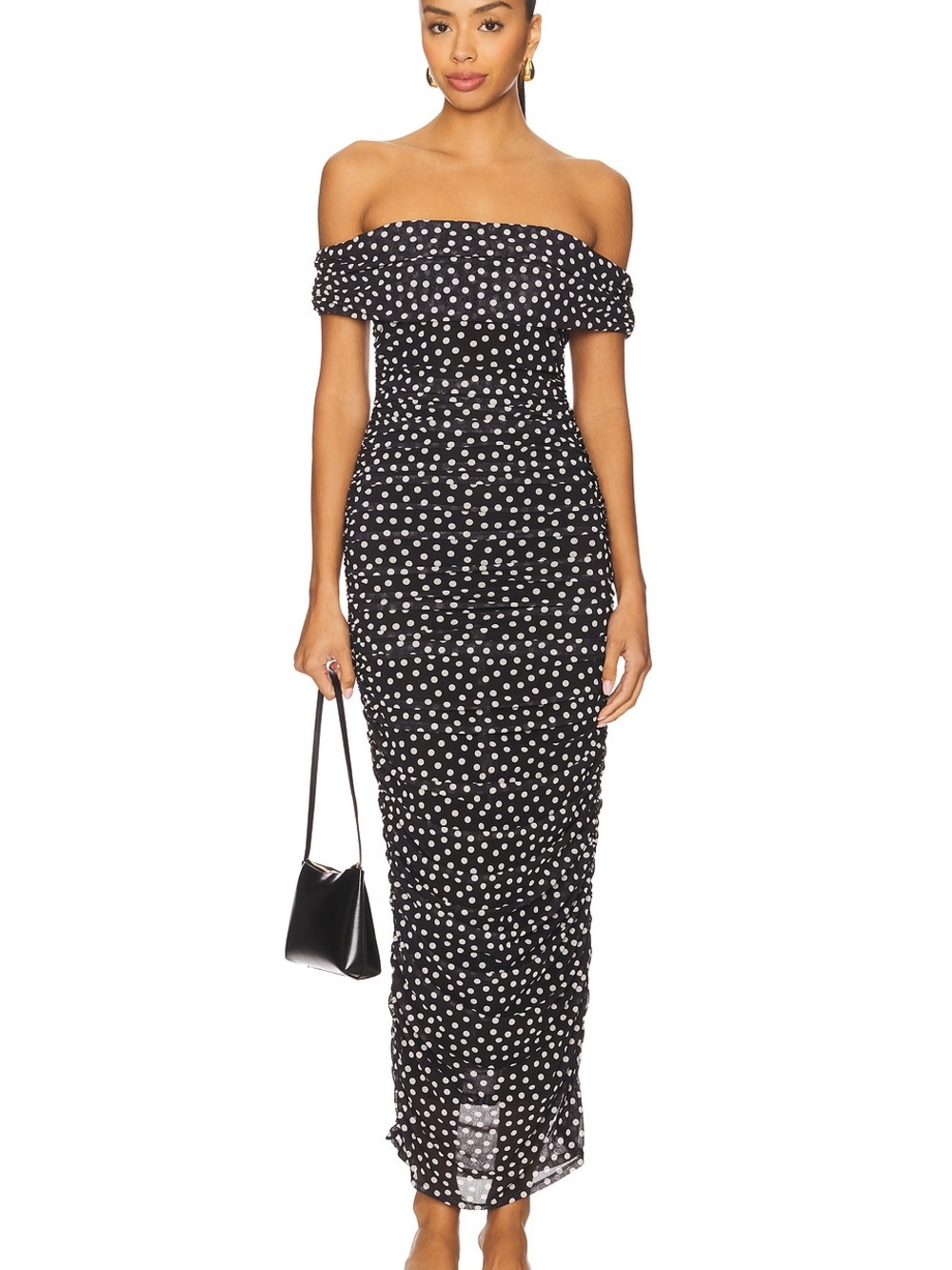 MAJORELLE Thea Maxi Dress XS Black Polka Dot Ruched Off Shoulder NWT